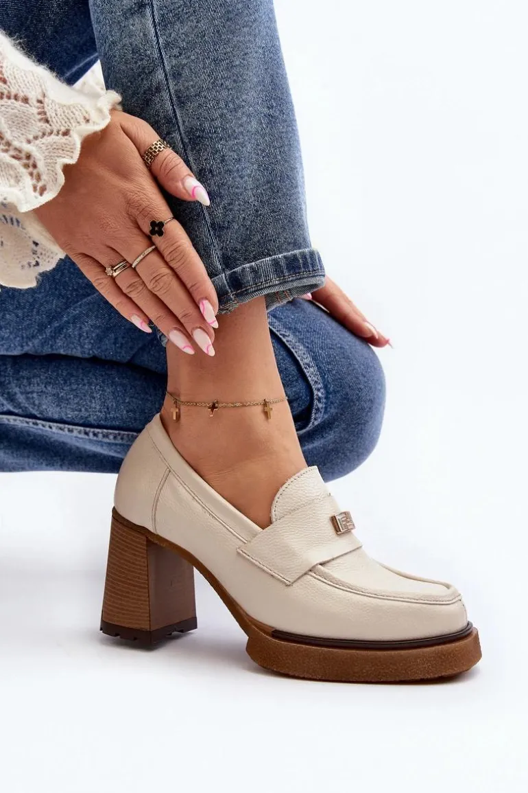 Zazoo 20169 Skórzane Półbuty Na Obcasie Beżowe