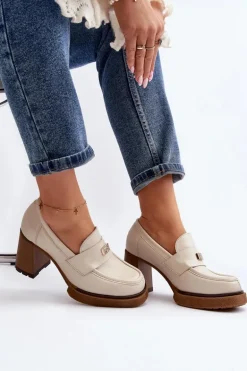 Zazoo 20169 Skórzane Półbuty Na Obcasie Beżowe