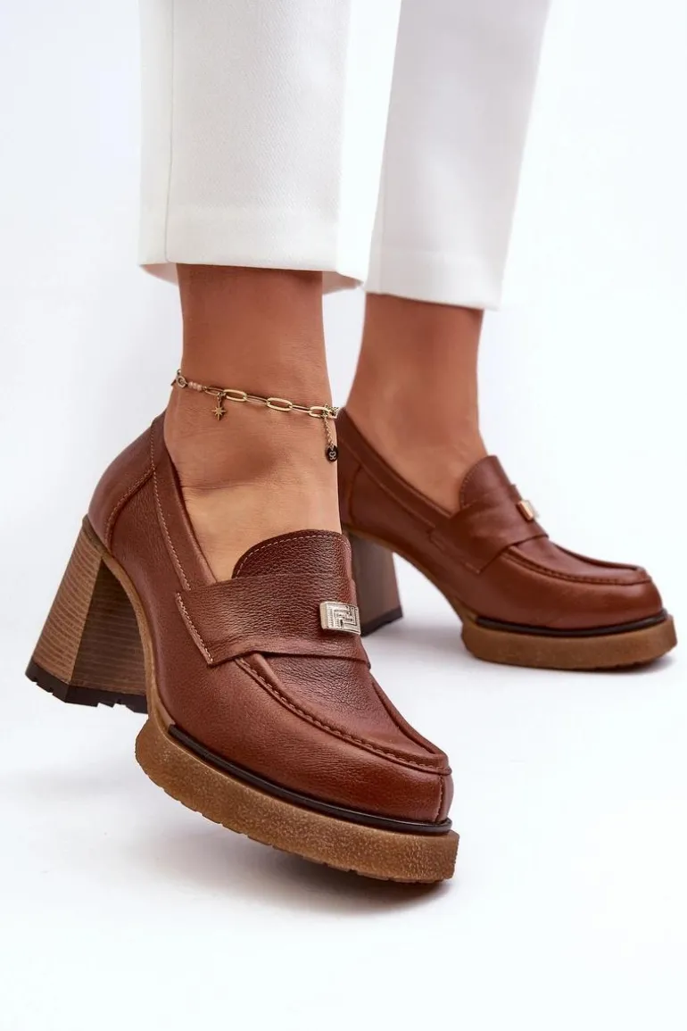Zazoo 20169 Skórzane Półbuty Na Obcasie Brązowe