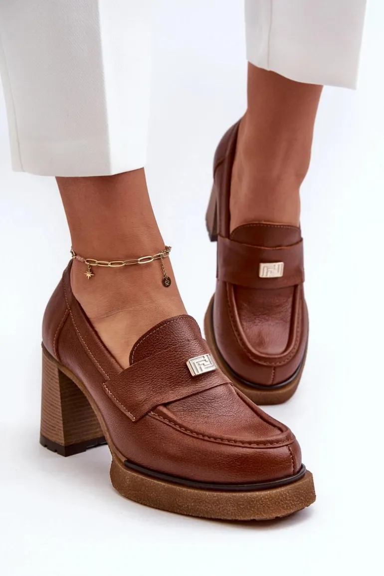 Zazoo 20169 Skórzane Półbuty Na Obcasie Brązowe