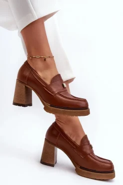 Zazoo 20169 Skórzane Półbuty Na Obcasie Brązowe