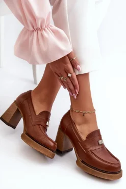 Zazoo 20169 Skórzane Półbuty Na Obcasie Brązowe