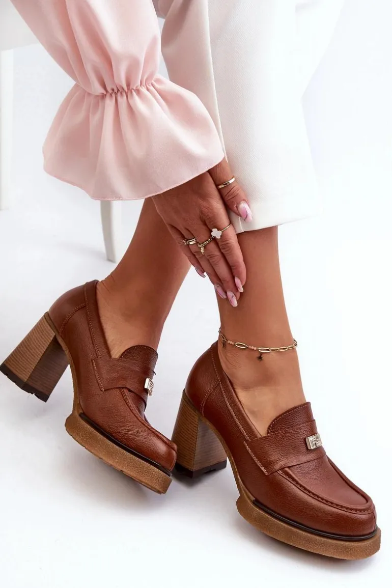 Zazoo 20169 Skórzane Półbuty Na Obcasie Brązowe