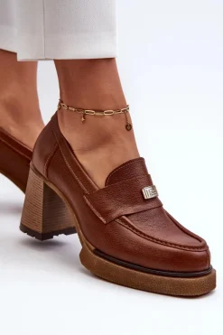 Zazoo 20169 Skórzane Półbuty Na Obcasie Brązowe