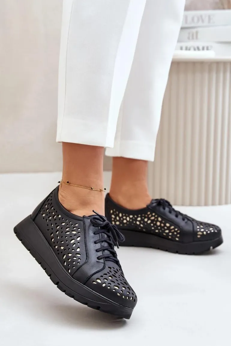 Zazoo 2973 Skórzane Półbuty Na Platformie Z Ażurowym Wzorem Czarne