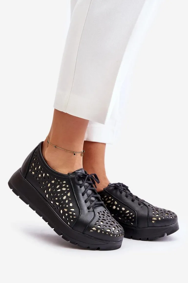 Zazoo 2973 Skórzane Półbuty Na Platformie Z Ażurowym Wzorem Czarne