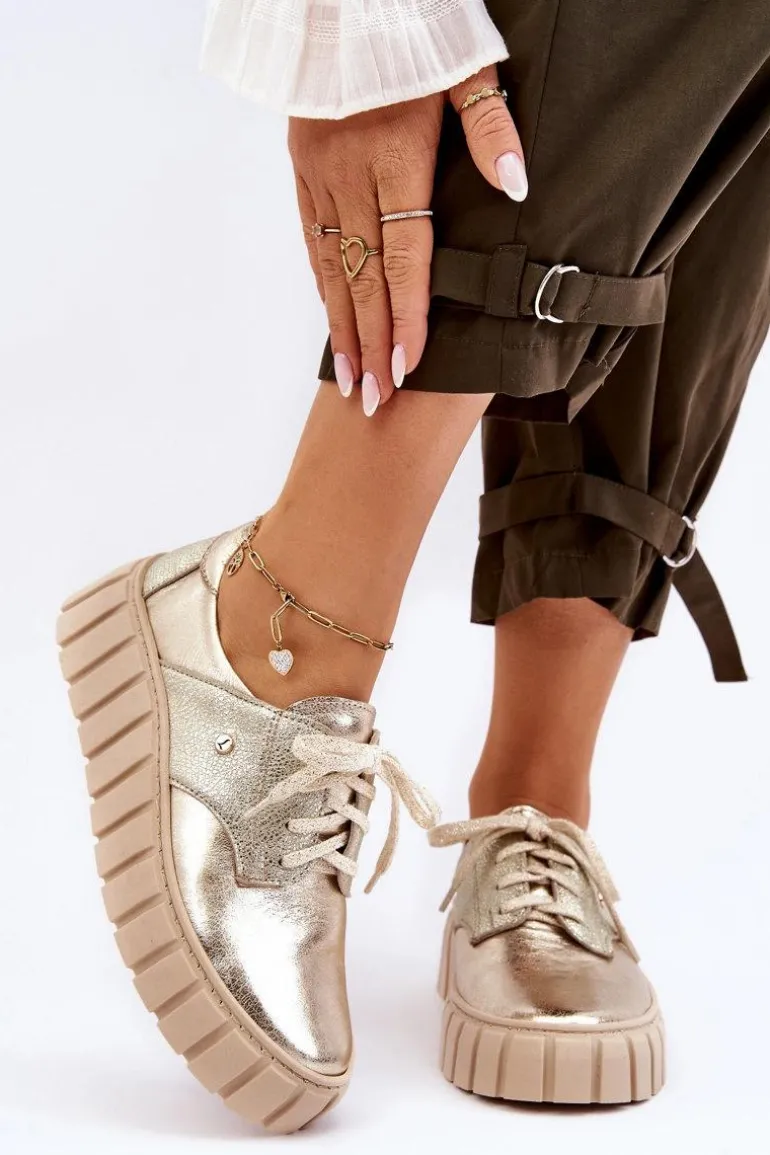 Zazoo 10128 Skórzane Półbuty Na Platformie Złote