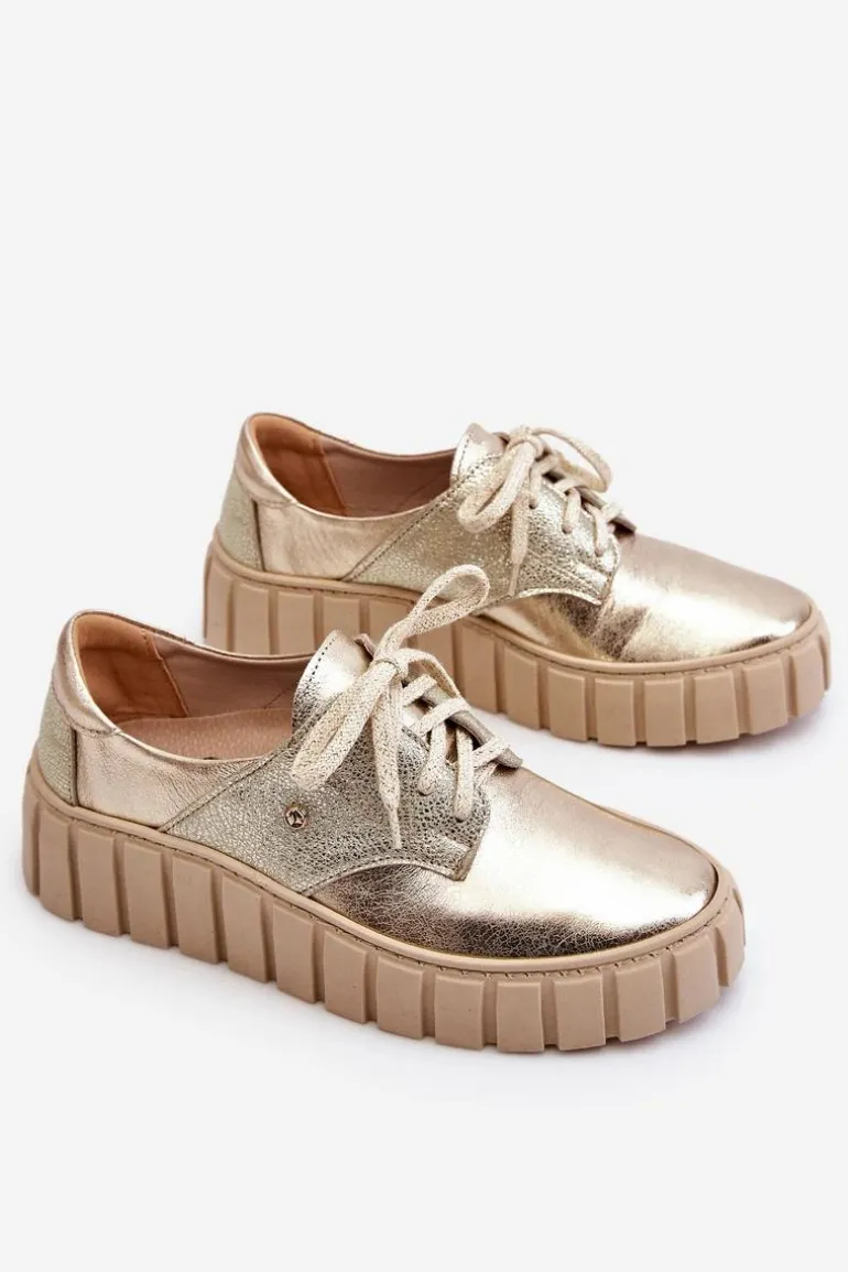 Zazoo 10128 Skórzane Półbuty Na Platformie Złote