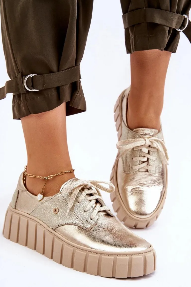 Zazoo 10128 Skórzane Półbuty Na Platformie Złote