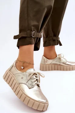 Zazoo 10128 Skórzane Półbuty Na Platformie Złote