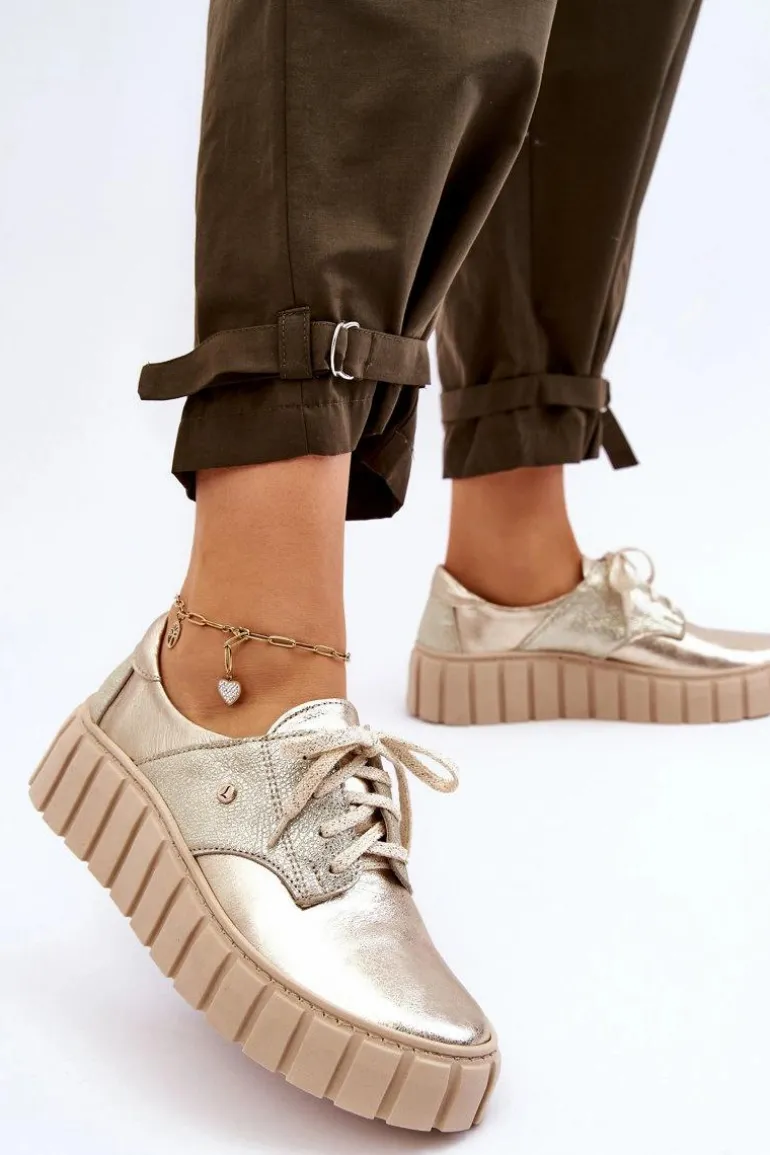 Zazoo 10128 Skórzane Półbuty Na Platformie Złote