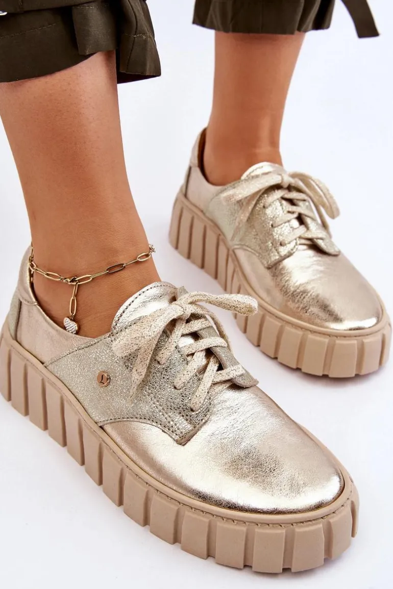 Zazoo 10128 Skórzane Półbuty Na Platformie Złote