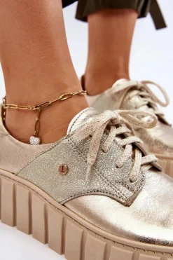 Zazoo 10128 Skórzane Półbuty Na Platformie Złote