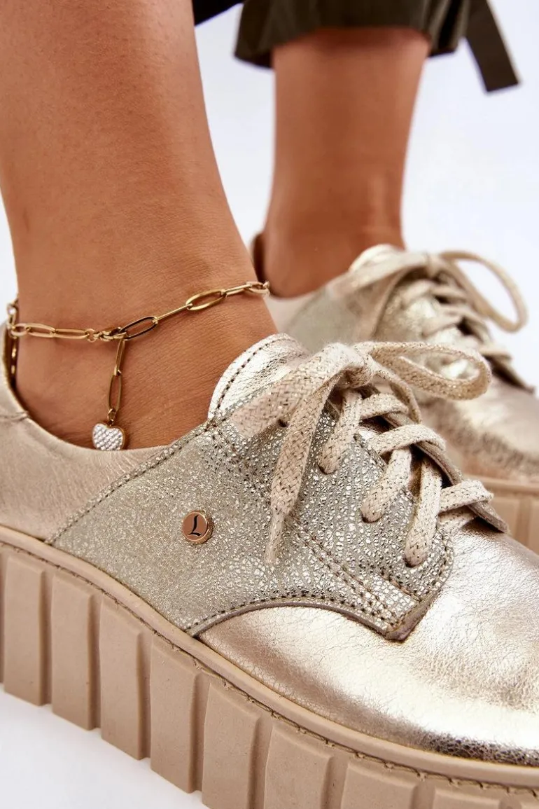 Zazoo 10128 Skórzane Półbuty Na Platformie Złote