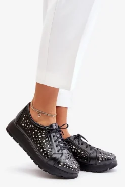 Zazoo 2973 Skórzane Półbuty Na Platformie Z Ażurowym Wzorem Czarne