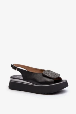 Zazoo 1786 Skórzane Sandały Damskie Na Platformie Z Ozdobą Czarne