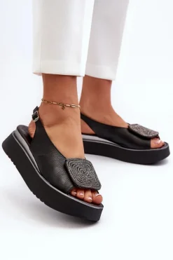 Zazoo 1786 Skórzane Sandały Damskie Na Platformie Z Ozdobą Czarne