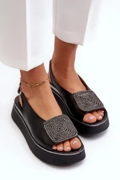 Zazoo 1786 Skórzane Sandały Damskie Na Platformie Z Ozdobą Czarne