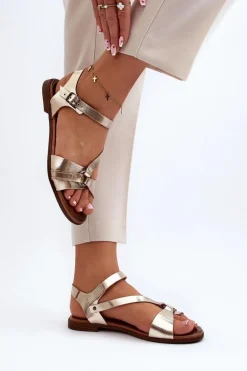 Zazoo 40182 Skórzane Sandały Damskie Złote