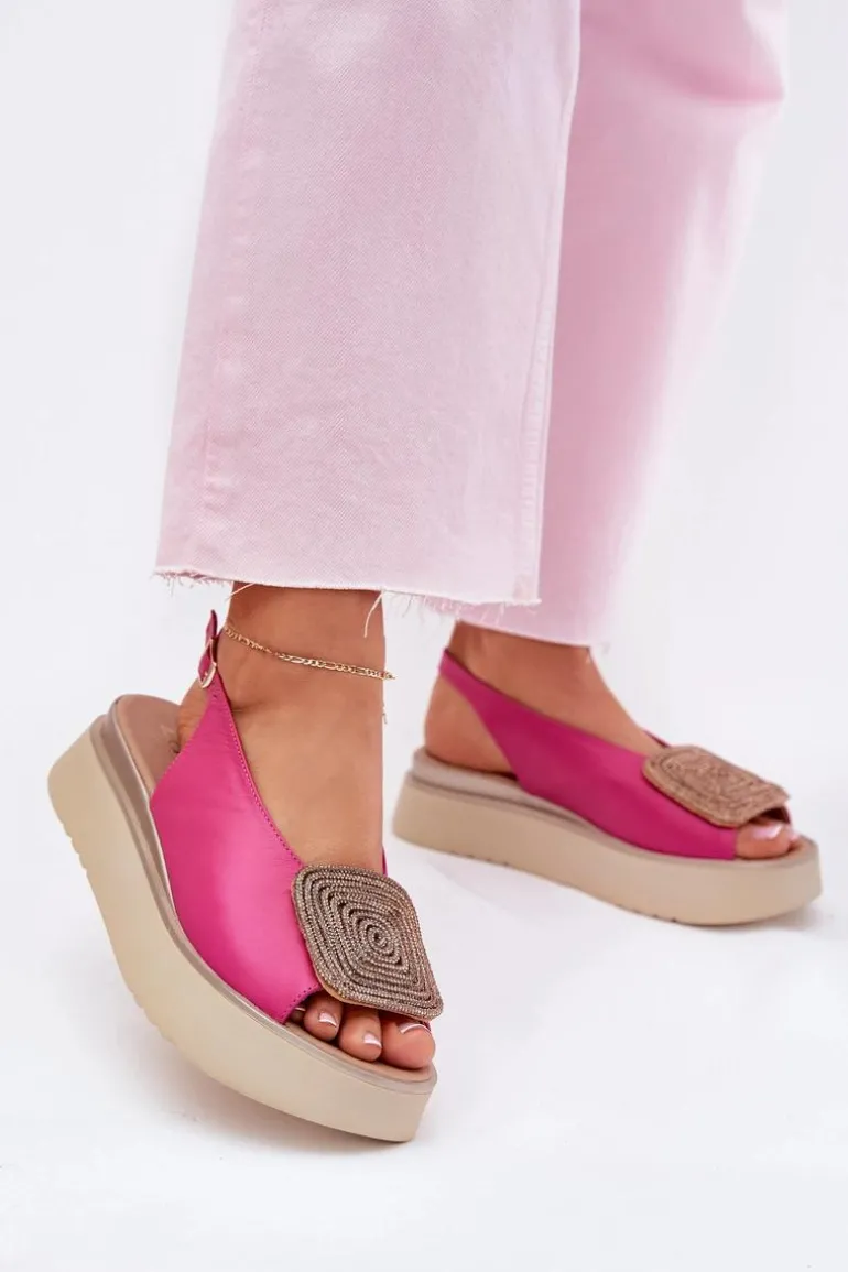 Zazoo 1786 Skórzane Sandały Damskie Na Platformie Z Ozdobą Fuksja