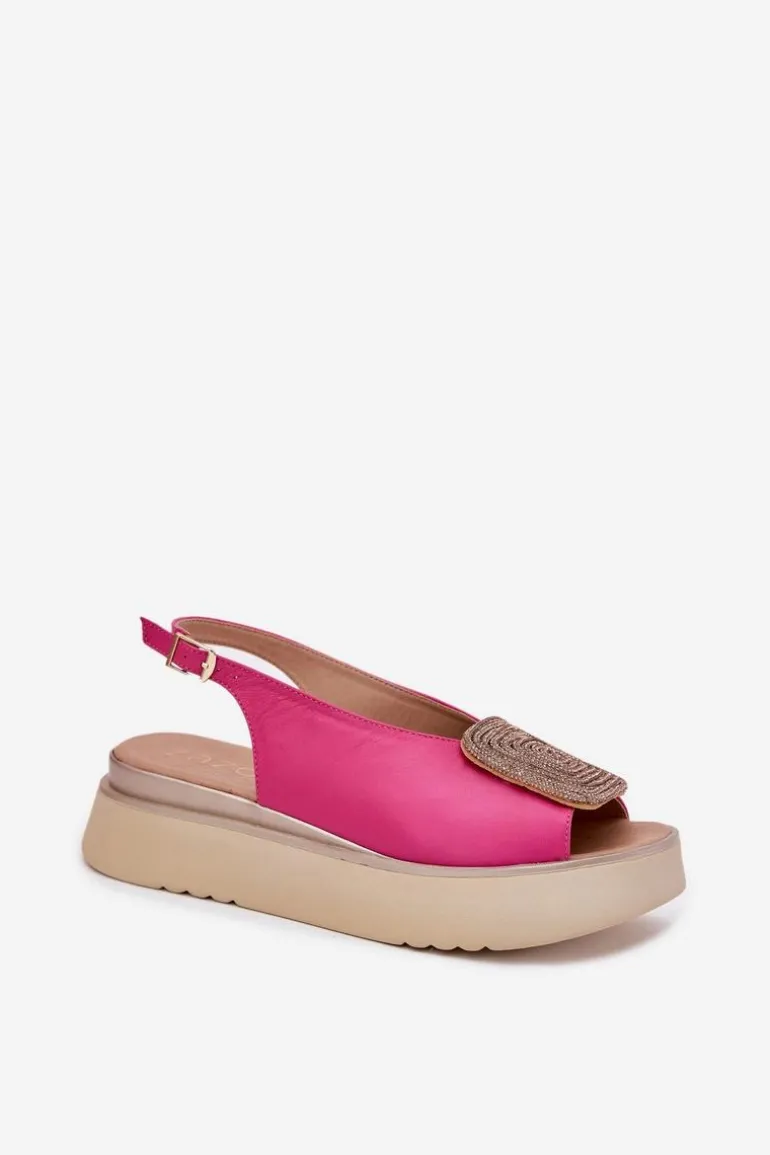Zazoo 1786 Skórzane Sandały Damskie Na Platformie Z Ozdobą Fuksja