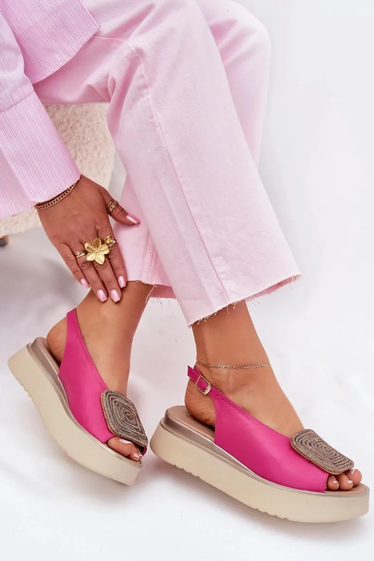 Zazoo 1786 Skórzane Sandały Damskie Na Platformie Z Ozdobą Fuksja