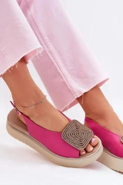 Zazoo 1786 Skórzane Sandały Damskie Na Platformie Z Ozdobą Fuksja