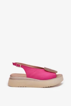 Zazoo 1786 Skórzane Sandały Damskie Na Platformie Z Ozdobą Fuksja