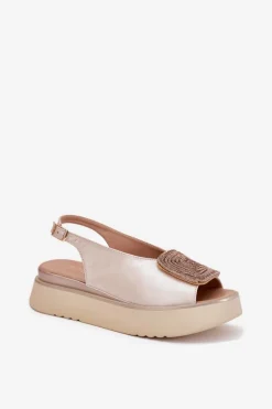 Zazoo 1786 Skórzane Sandały Damskie Na Platformie Z Ozdobą Perłowy Beż