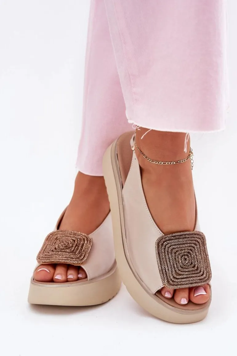 Zazoo 1786 Skórzane Sandały Damskie Na Platformie Z Ozdobą Perłowy Beż