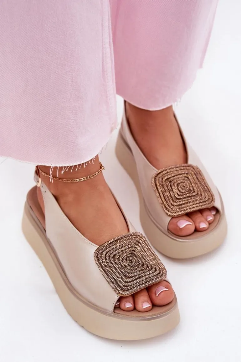 Zazoo 1786 Skórzane Sandały Damskie Na Platformie Z Ozdobą Perłowy Beż