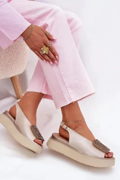 Zazoo 1786 Skórzane Sandały Damskie Na Platformie Z Ozdobą Perłowy Beż