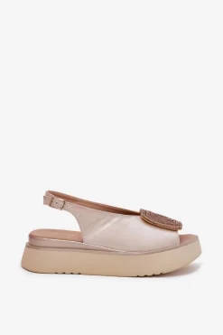 Zazoo 1786 Skórzane Sandały Damskie Na Platformie Z Ozdobą Perłowy Beż