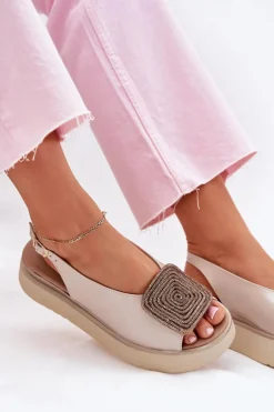 Zazoo 1786 Skórzane Sandały Damskie Na Platformie Z Ozdobą Perłowy Beż