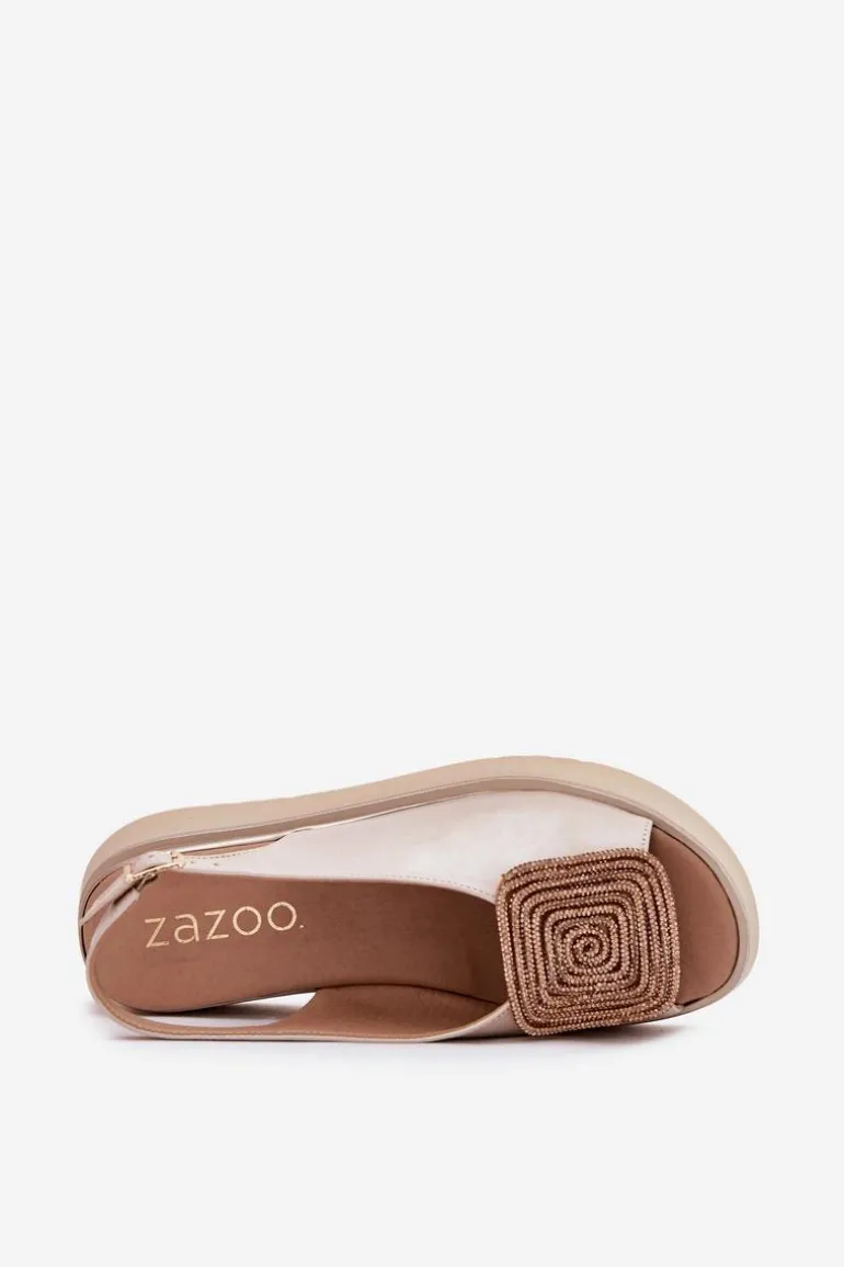 Zazoo 1786 Skórzane Sandały Damskie Na Platformie Z Ozdobą Perłowy Beż