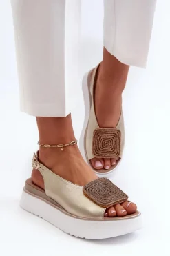 Zazoo 1786 Skórzane Sandały Damskie Na Platformie Z Ozdobą Złote