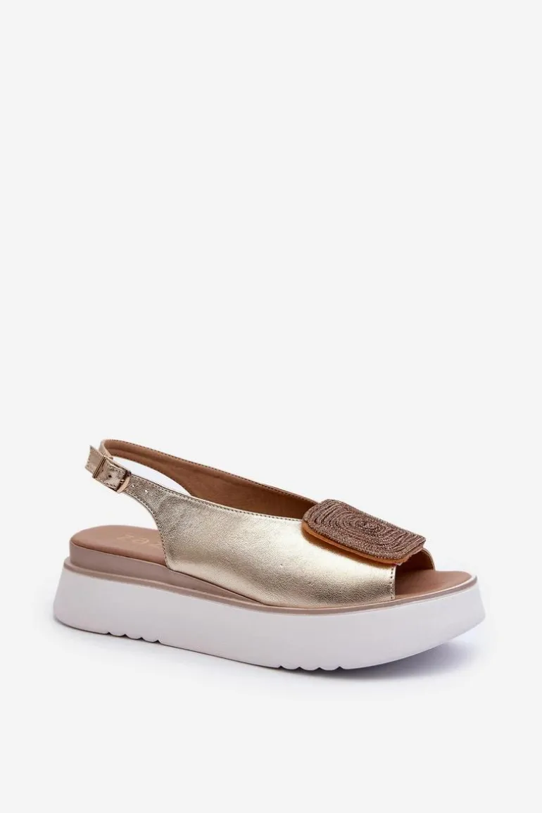 Zazoo 1786 Skórzane Sandały Damskie Na Platformie Z Ozdobą Złote