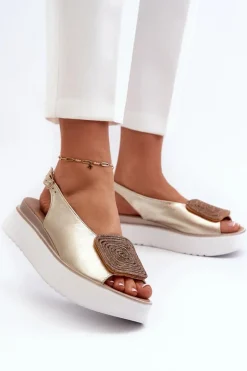 Zazoo 1786 Skórzane Sandały Damskie Na Platformie Z Ozdobą Złote