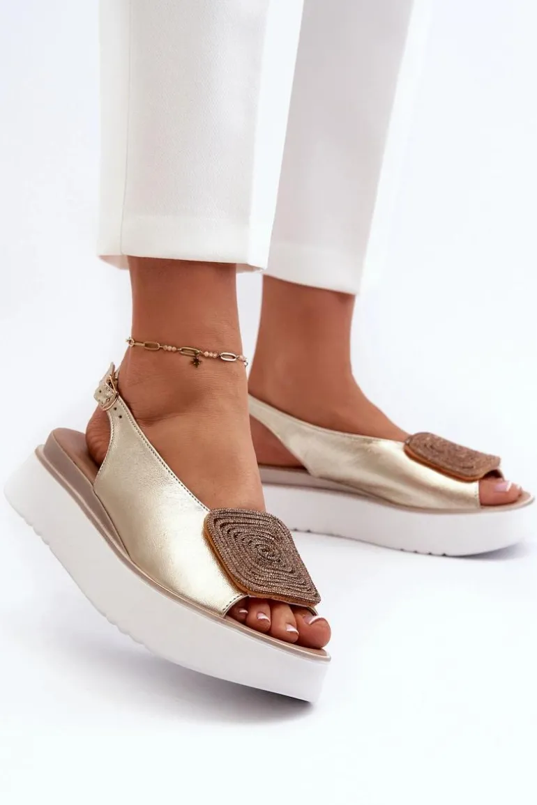 Zazoo 1786 Skórzane Sandały Damskie Na Platformie Z Ozdobą Złote