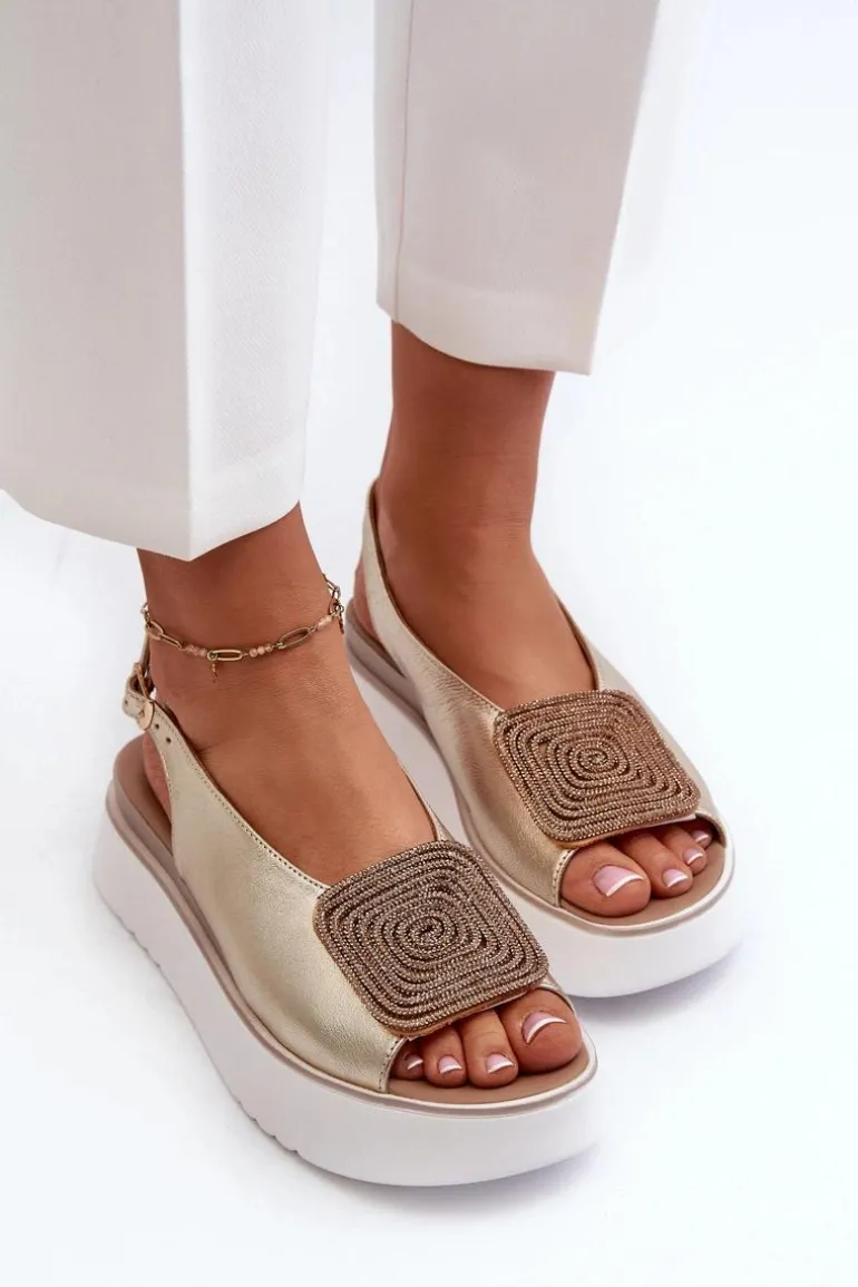 Zazoo 1786 Skórzane Sandały Damskie Na Platformie Z Ozdobą Złote