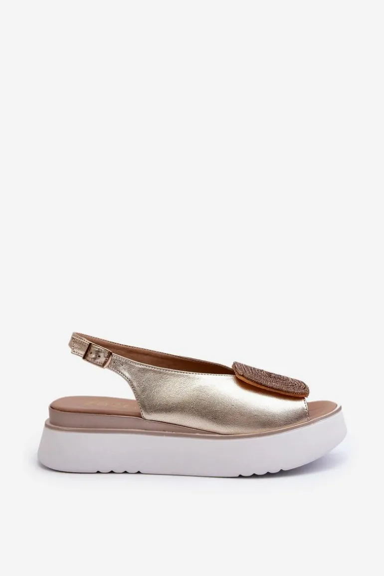 Zazoo 1786 Skórzane Sandały Damskie Na Platformie Z Ozdobą Złote