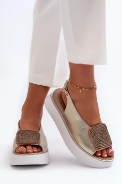 Zazoo 1786 Skórzane Sandały Damskie Na Platformie Z Ozdobą Złote