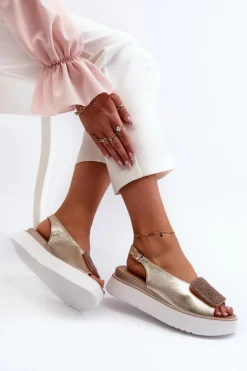 Zazoo 1786 Skórzane Sandały Damskie Na Platformie Z Ozdobą Złote