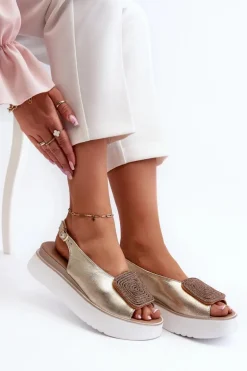 Zazoo 1786 Skórzane Sandały Damskie Na Platformie Z Ozdobą Złote