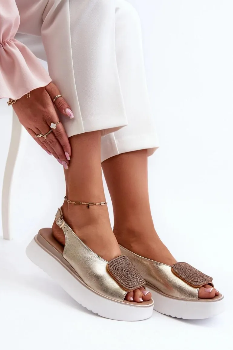 Zazoo 1786 Skórzane Sandały Damskie Na Platformie Z Ozdobą Złote