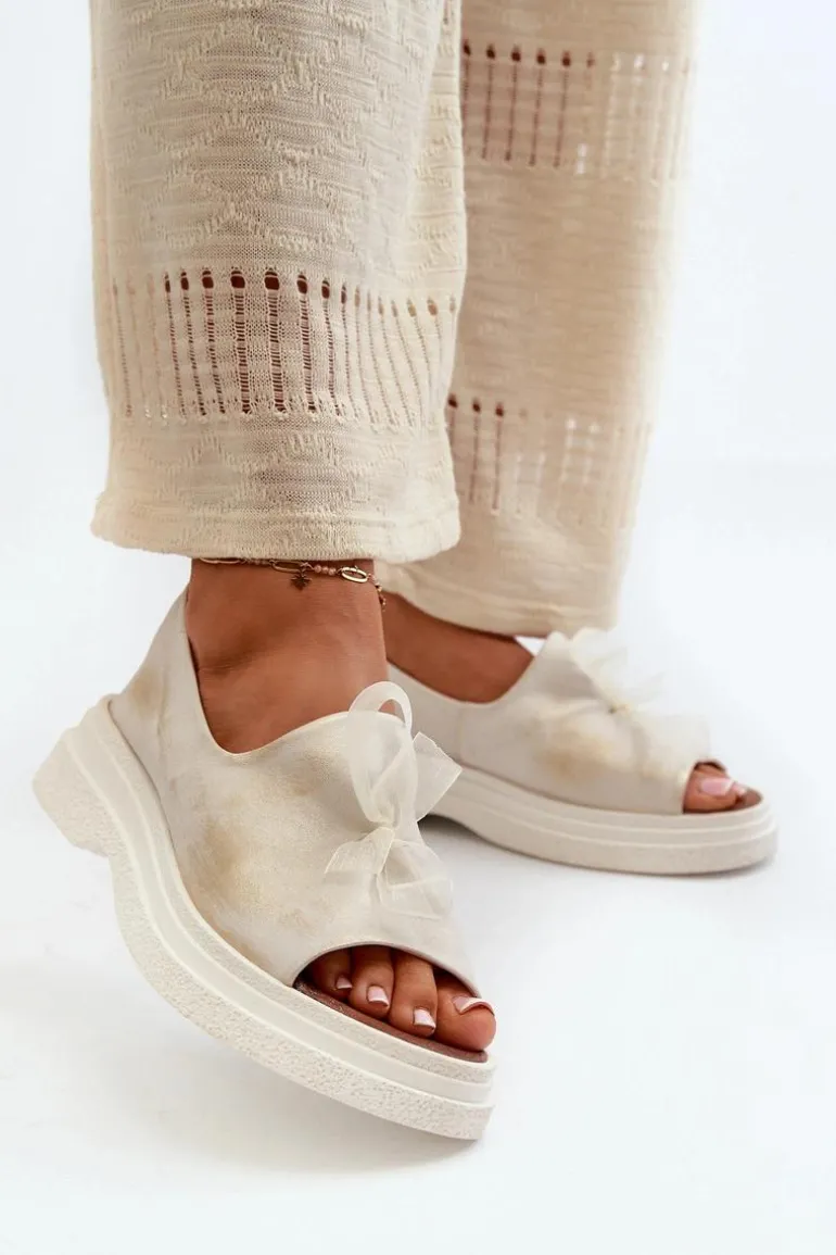 Zazoo 2939 Skórzane Sandały Damskie Z Kokardką Złoty Przecierany