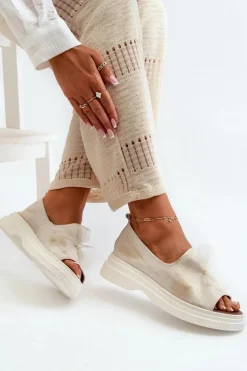 Zazoo 2939 Skórzane Sandały Damskie Z Kokardką Złoty Przecierany