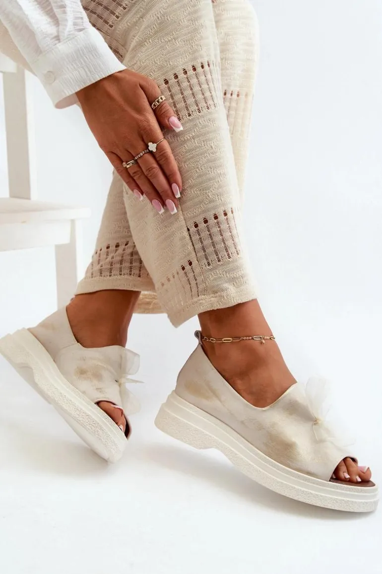 Zazoo 2939 Skórzane Sandały Damskie Z Kokardką Złoty Przecierany