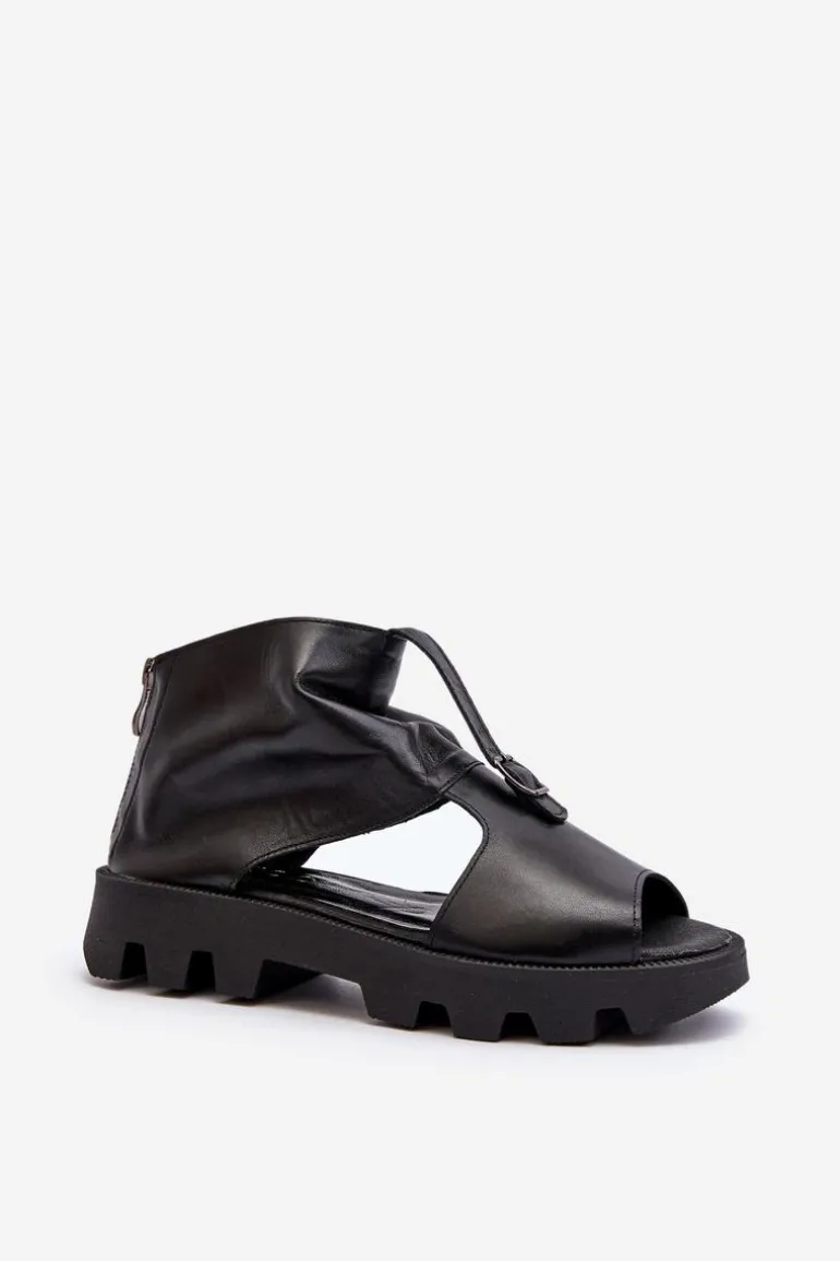 Zazoo 999 Skórzane Sandały Damskie Z Zamkiem Czarne