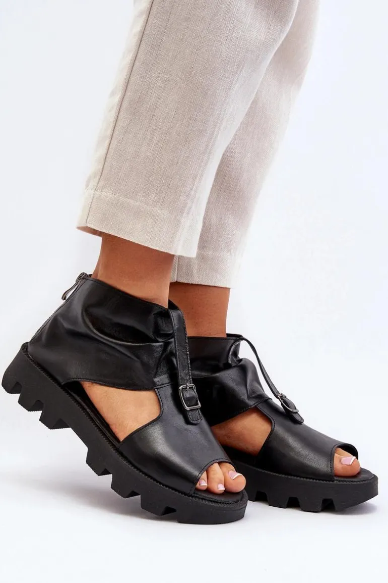 Zazoo 999 Skórzane Sandały Damskie Z Zamkiem Czarne